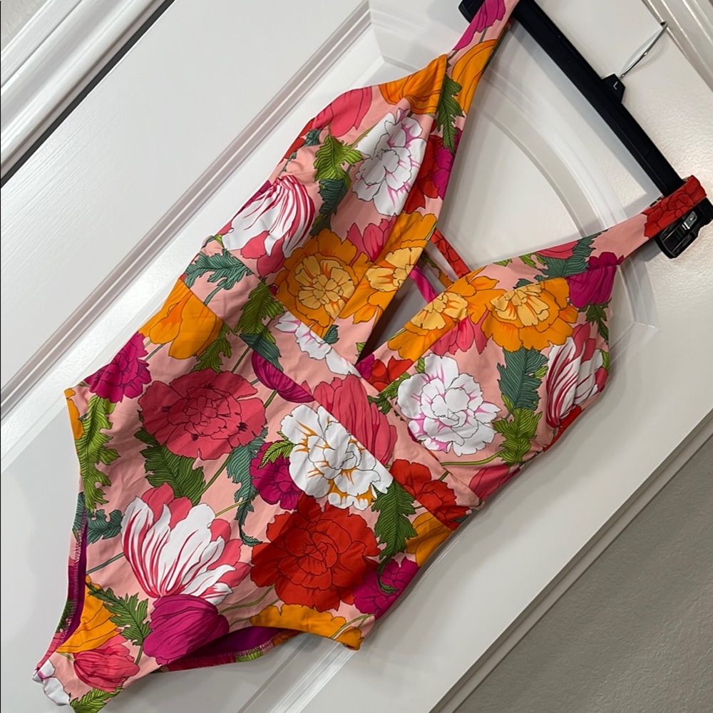Trina Turk Bloom Pink and Red One Piece Swimsuit with Plunging V-Neckline
